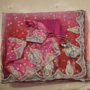 Brand New Pink, White & Silver Net Saree with Rhinestones and Gems, with Blouse